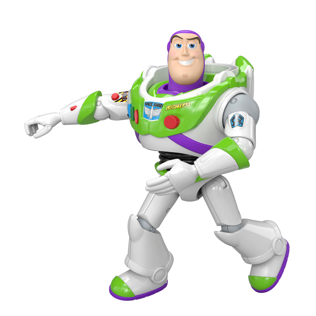 Toy figure of Buzz Lightyear from Toy Story on a white background
