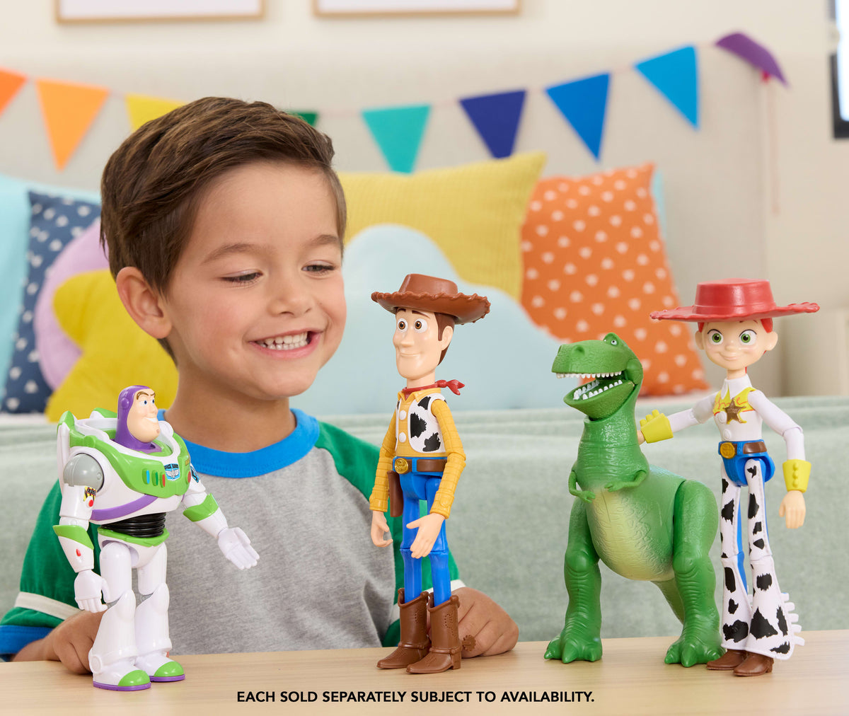 Child playing with Toy Story figurines in a colorful room