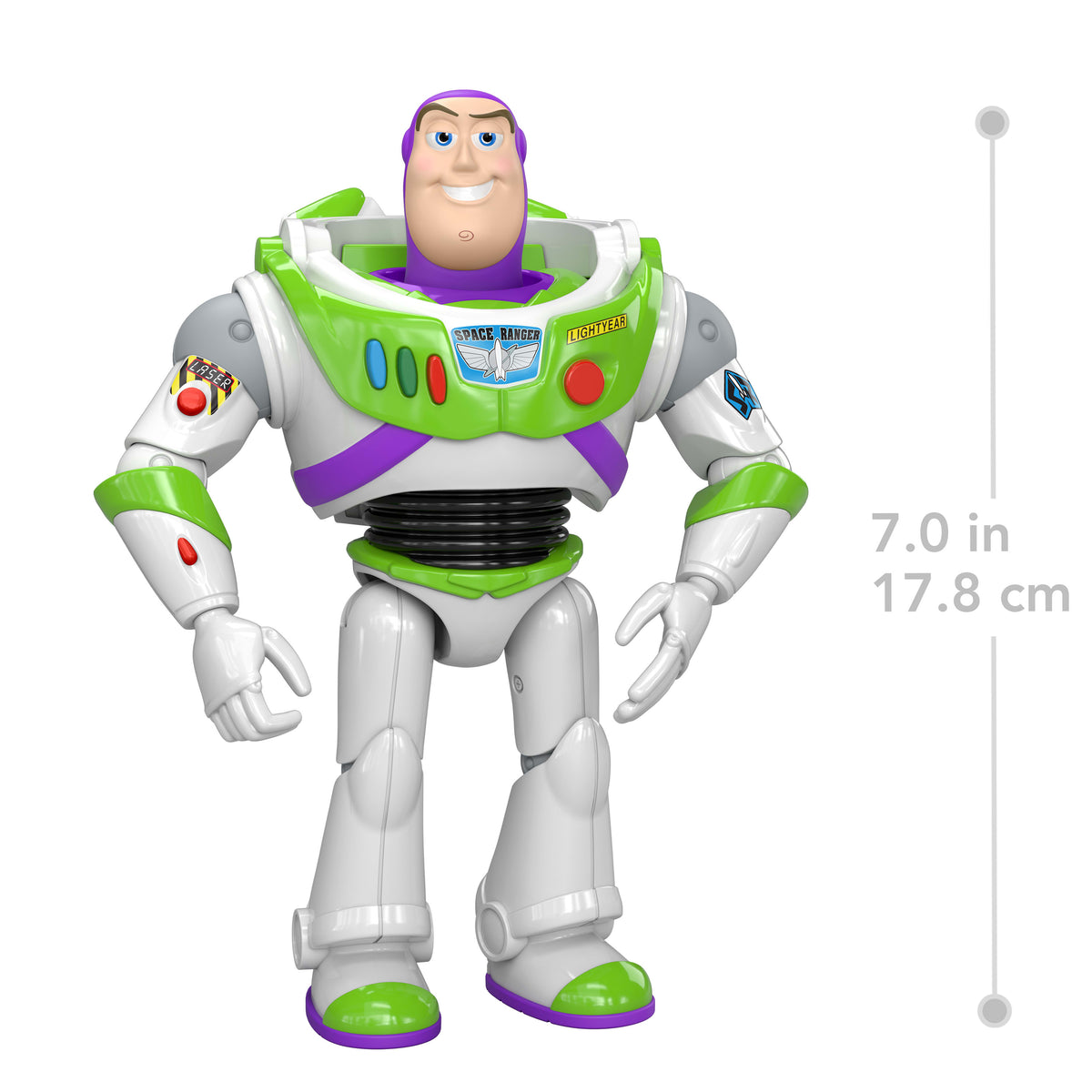 Toy Story Buzz Lightyear figure with height measurement on a white background