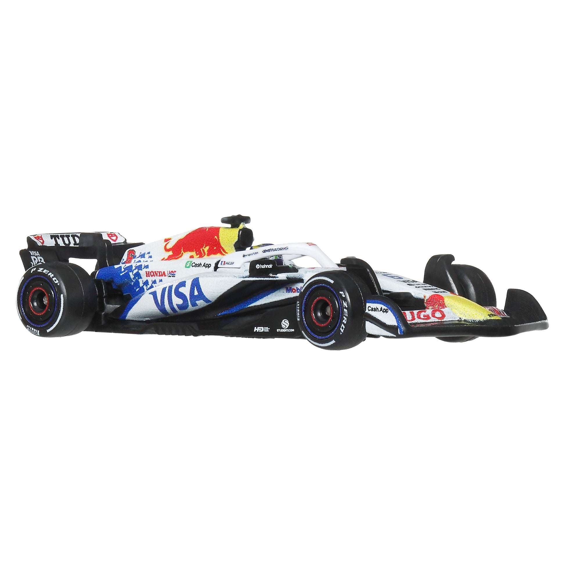 Formula 1 car with visible branding on a white background