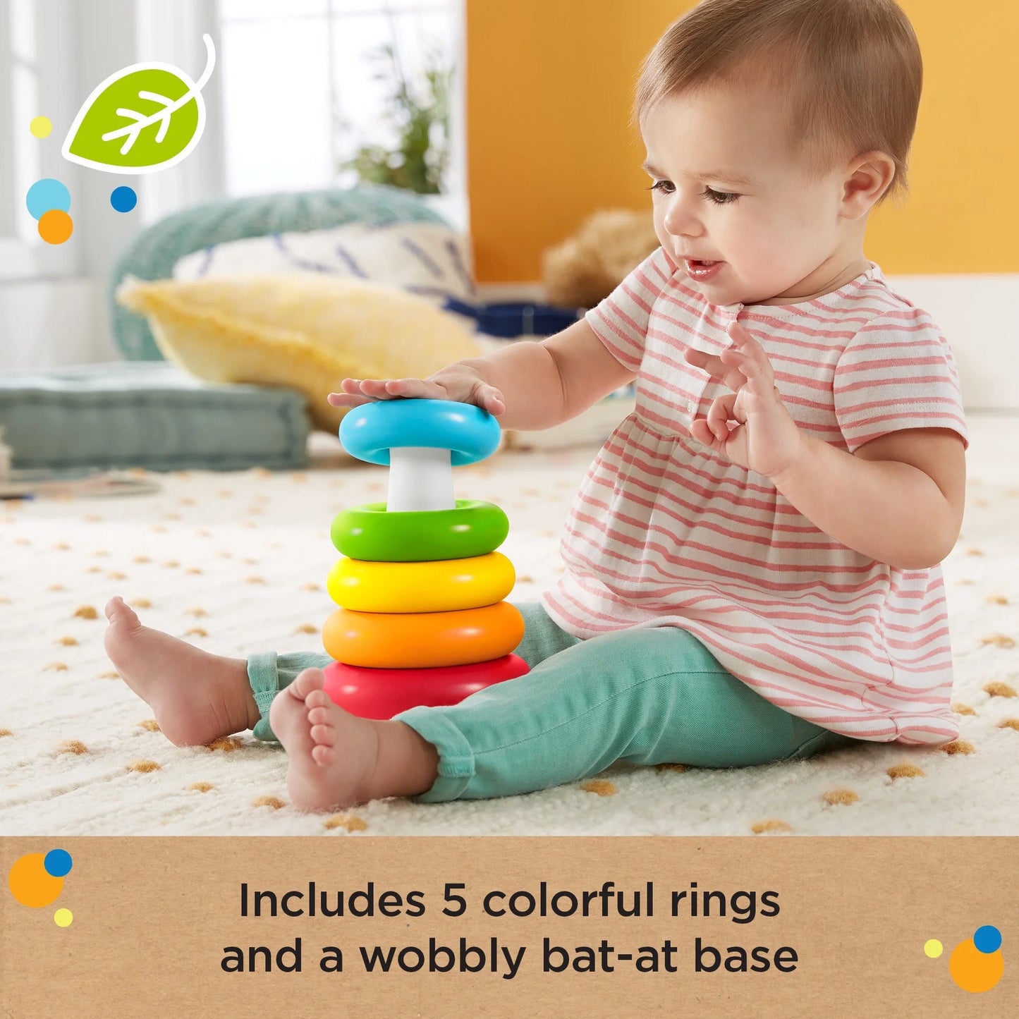 Classic stacking toy with 5 bright, colorful rings