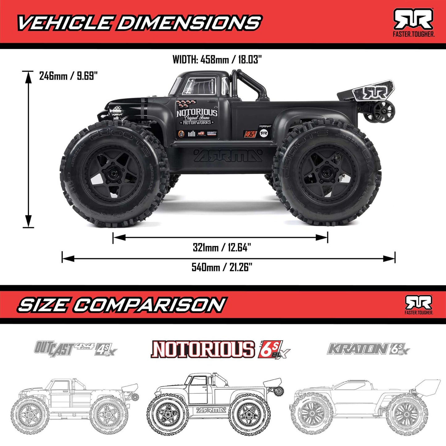ARA8611V6 ARA8611V6 1/8 NOTORIOUS 6S V6 4X4 BLX Brushless Stunt Truck RTR