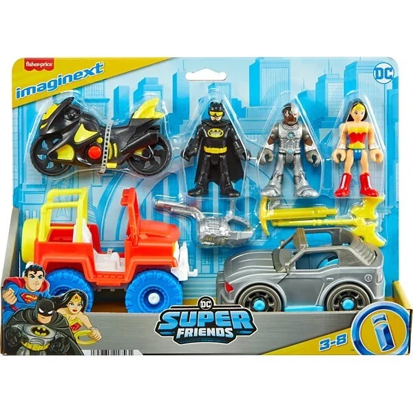 Fisher-Price imaginext DC Super Friends toy set packaging with characters and vehicles.