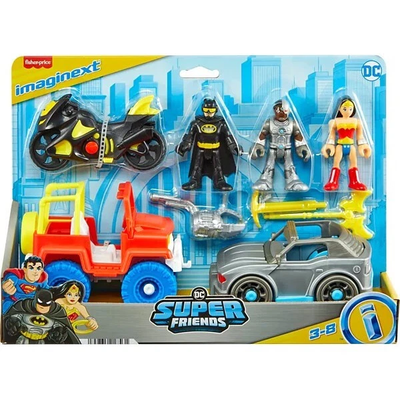 Fisher-Price imaginext DC Super Friends toy set packaging with characters and vehicles.