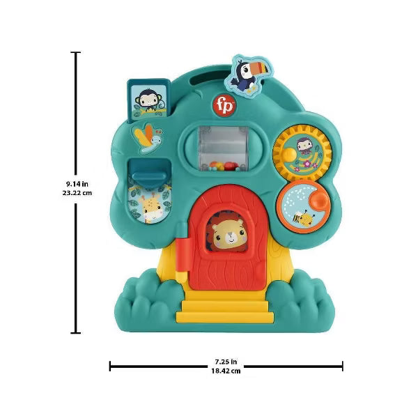 Children's toy with multiple interactive elements and dimensions displayed