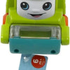 Toy robot with a smiling face, green body, and orange top, featuring Fisher-Price branding.