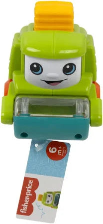 Toy robot with a smiling face, green body, and orange top, featuring Fisher-Price branding.
