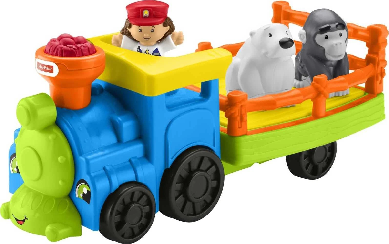 Colorful toy train with a driver figure, polar bear, and gorilla