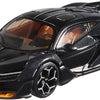 A black die-cast toy sports car with a textured metallic finish, orange interior, and black wheels, shown on a plain white background.