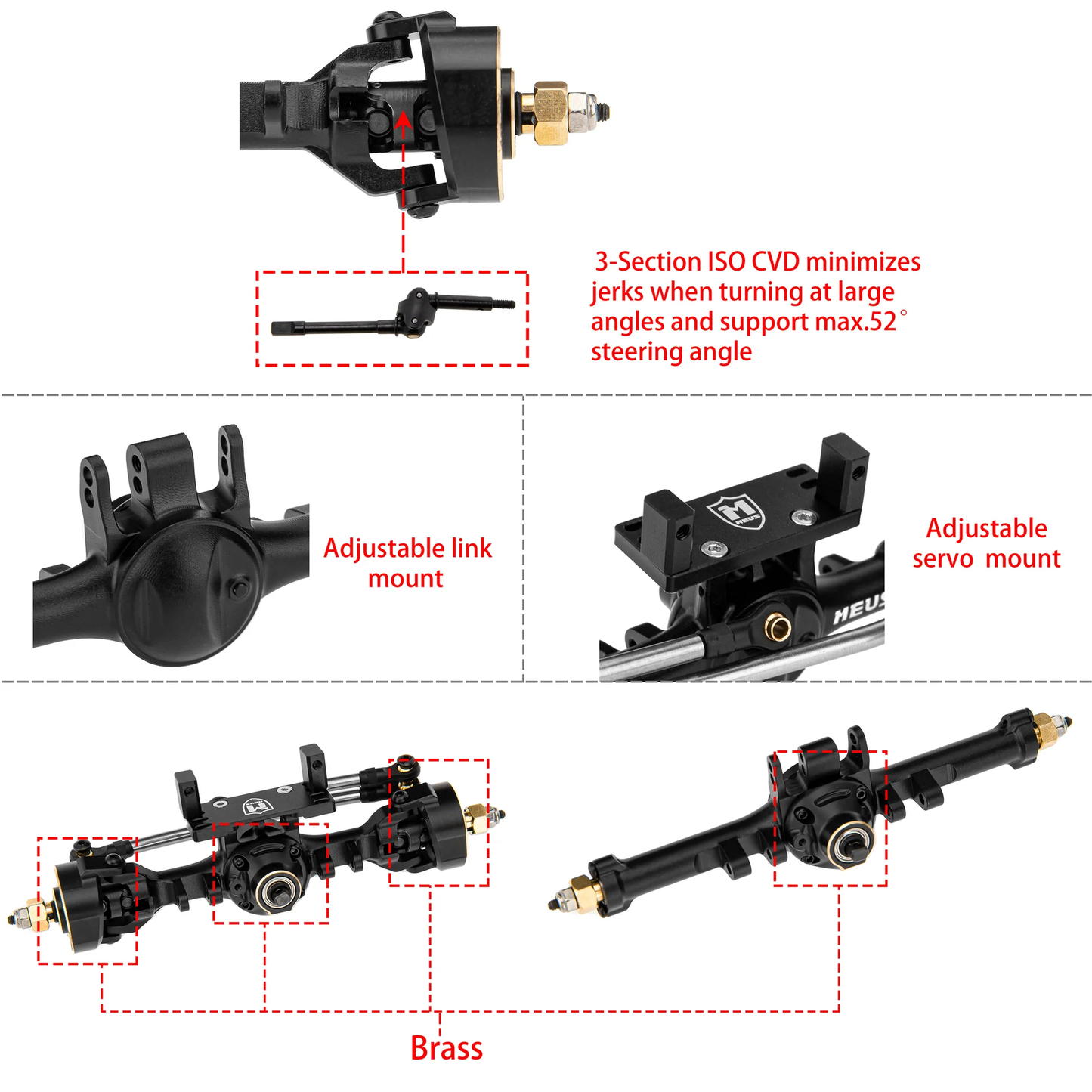 MEUS Racing TRX4M Metal V2 Isokinetic Front & Rear Axles w/ Adjustable Servo Mount for 1/18 TRX4M RC Crawler (Black)