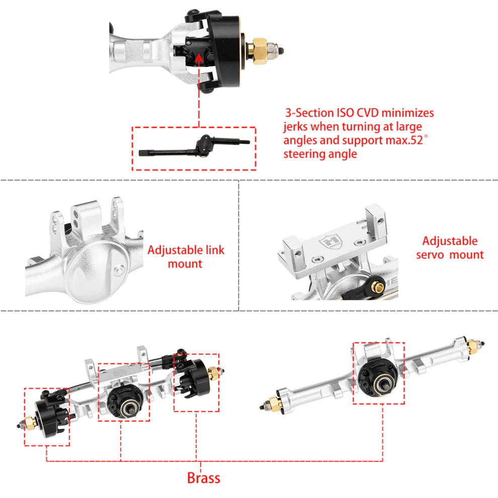 MEUS Racing TRX4M Metal V2 Isokinetic Front & Rear Axles w/ Adjustable Servo Mount for 1/18 TRX4M RC Crawler (Silver)