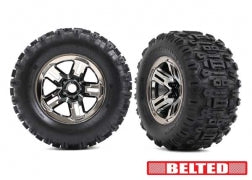 9573A Tires & wheels, assembled, glued (3.8" black chrome wheels, belted Sledgehammer® tires, foam inserts) (2)