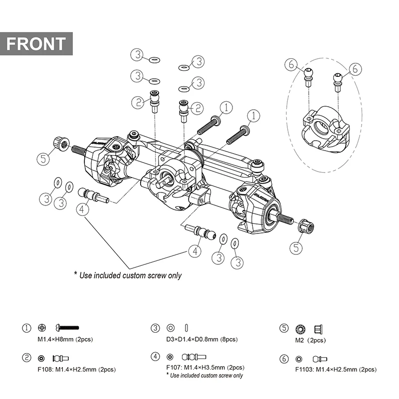 SCX30-25BKFR INJORA +3mm Planet Axles with Brass Steering Knuckles for 1/30 SCX30 - Black