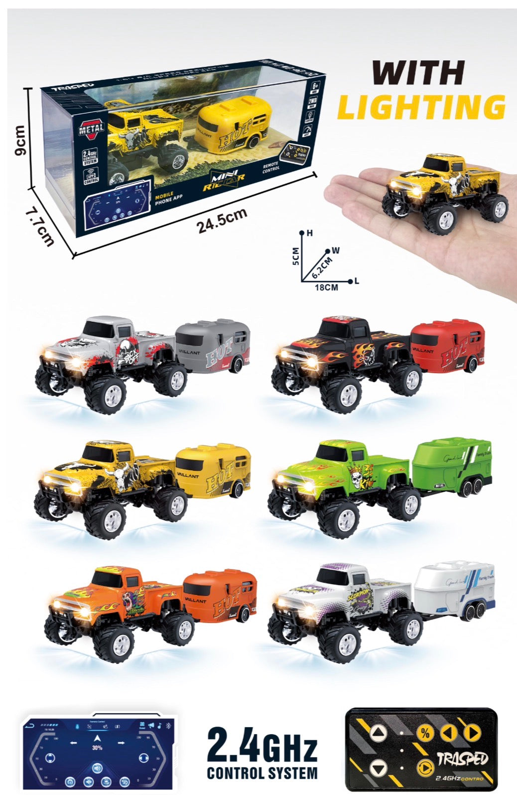 NSRHG4-310 1:64 Scale Mini Remote Control Metal Monster Truck with Trailer | 2.4GHz & App Dual Control, Alloy Mini RC Car with LED Lights, Portable Pocket Toy Car  (Color Request Can be Made in Checkout Notes)