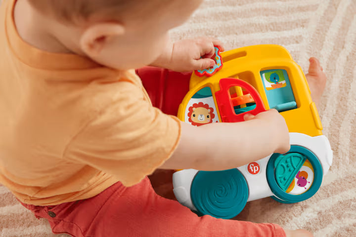 Baby activity car toy with animal characters, spinners, and fine motor activities.