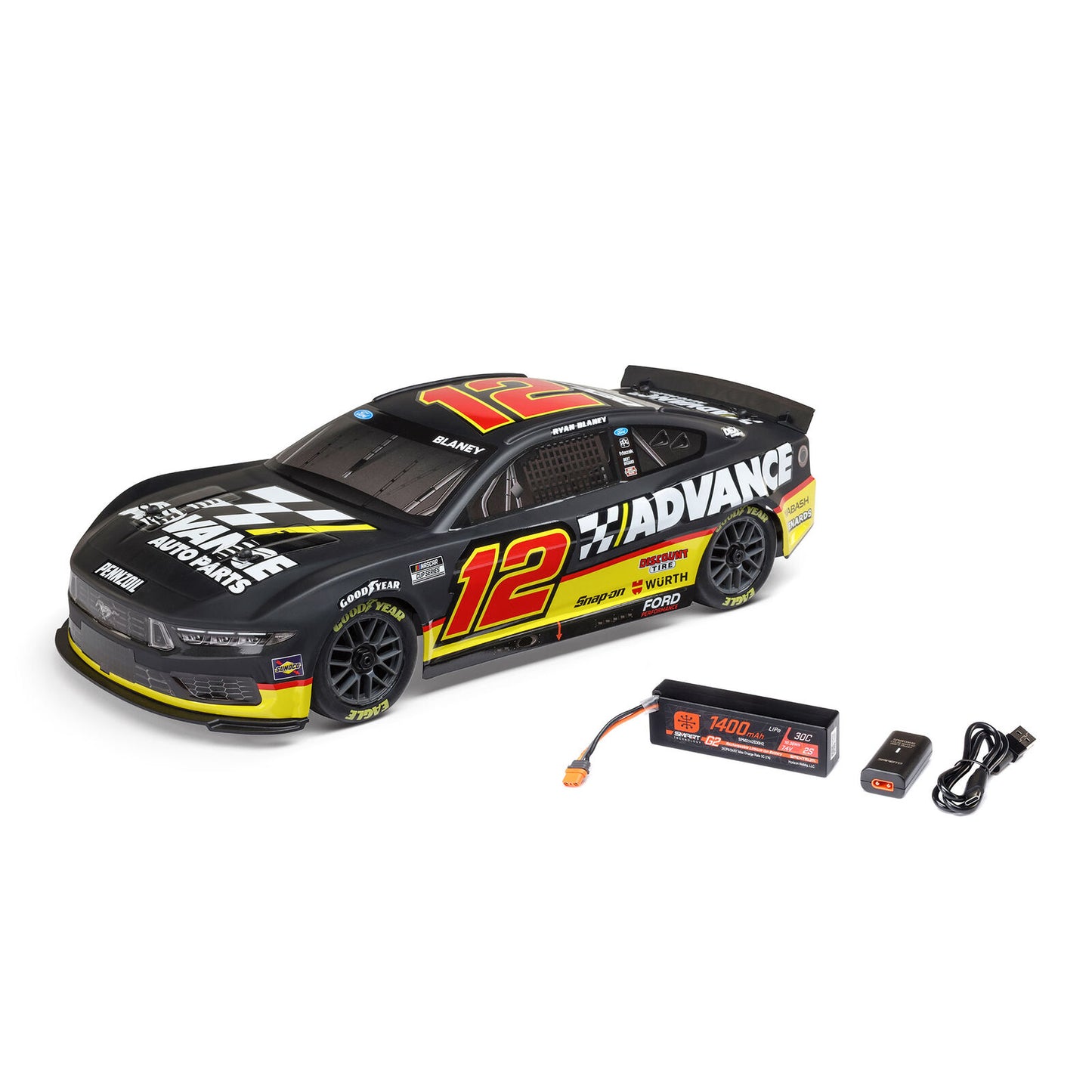 LOS1122512 1/12 NASCAR RC Racecar Ryan Blaney No. 12 Advance Auto 2025 Ford Mustang 2S AWD RTR Brushed On-Road (Battery & Charger Included)