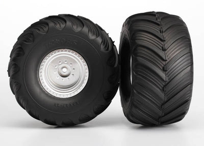 3665  Tires & wheels, assembled, glued (satin chrome wheels, Terra Groove dual profile tires, foam inserts) (nitro rear/ electric front) (2)
