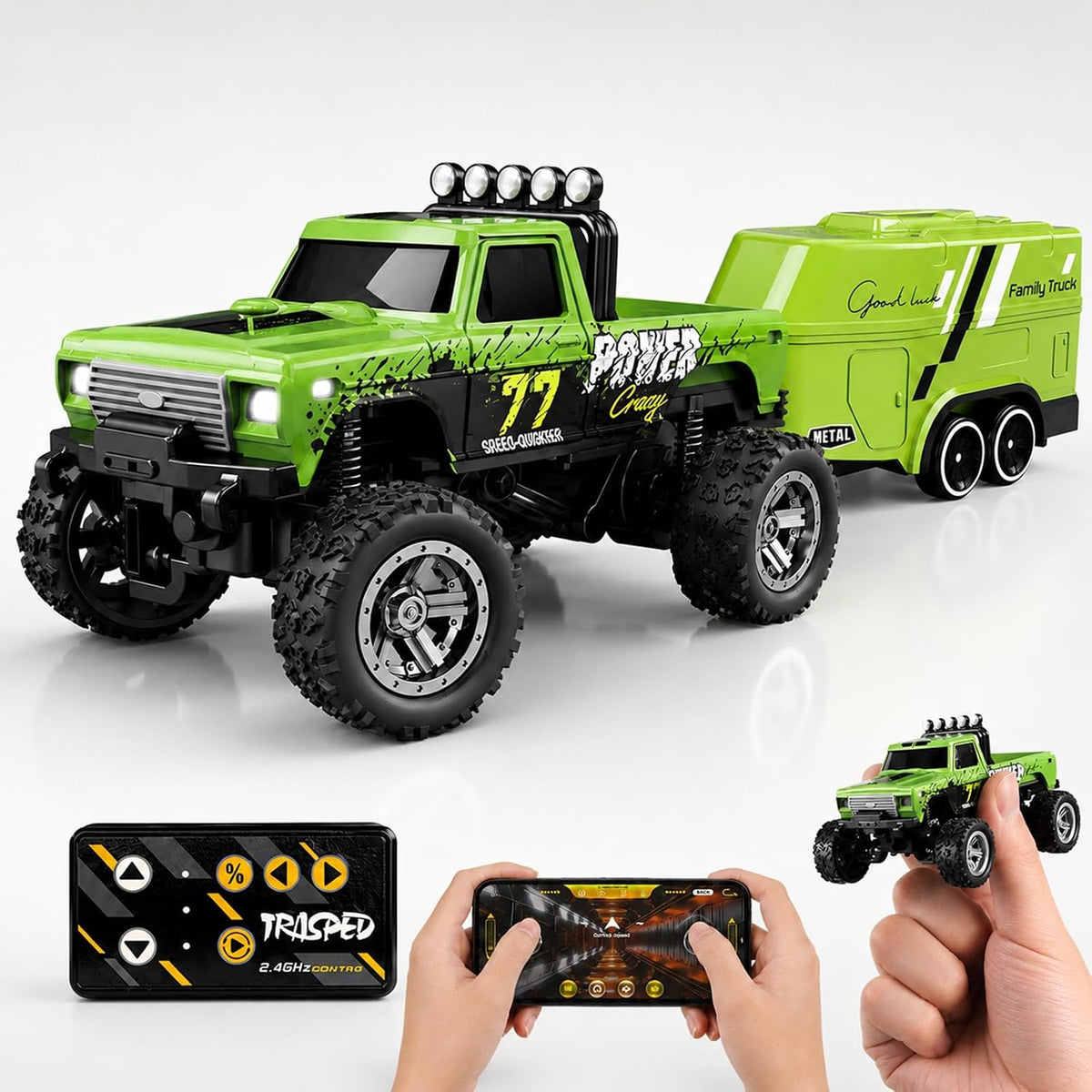 NSRHG4-310 1:64 Scale Mini Remote Control Metal Monster Truck with Trailer | 2.4GHz & App Dual Control, Alloy Mini RC Car with LED Lights, Portable Pocket Toy Car  (Color Request Can be Made in Checkout Notes)