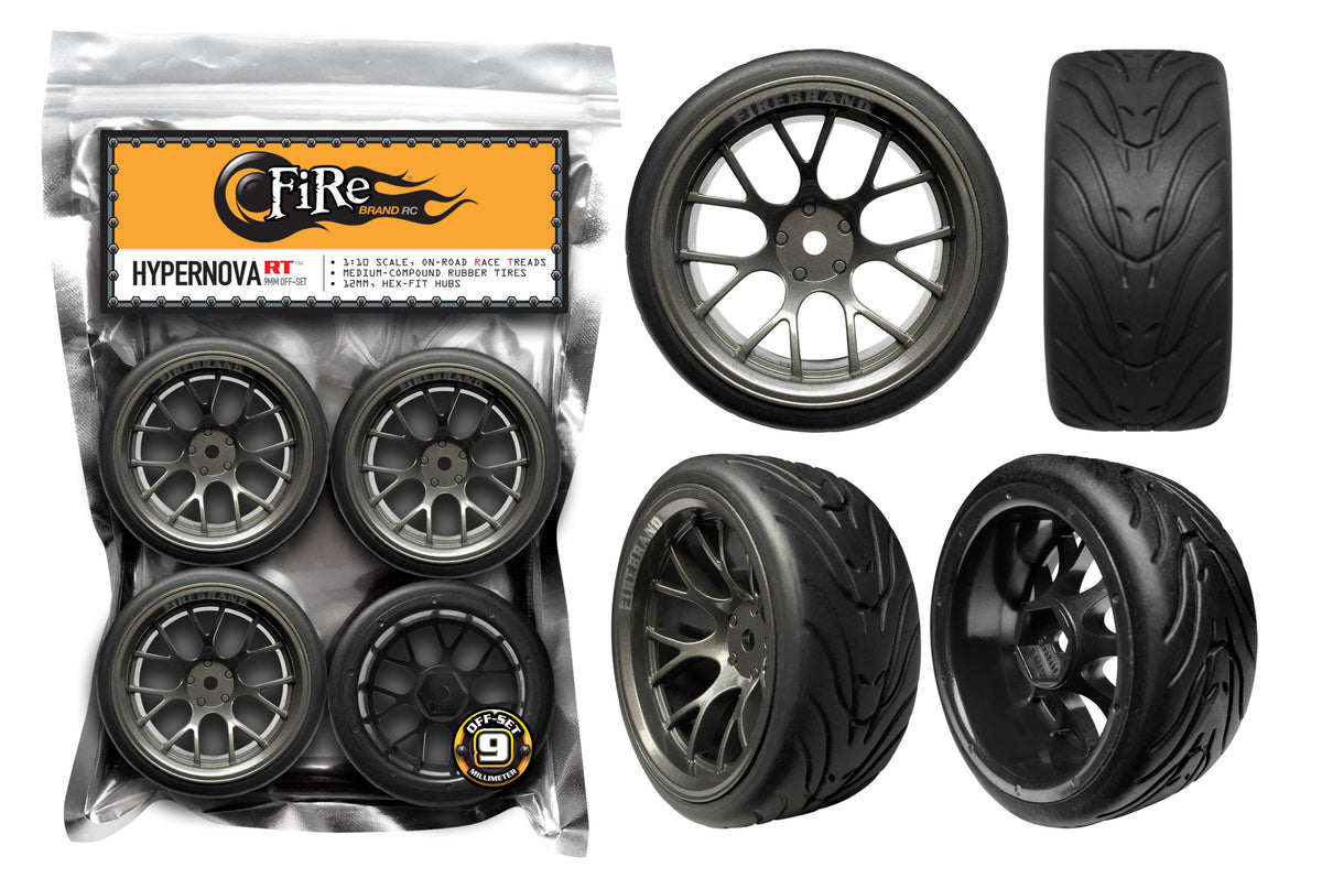 FBR1WHEHYP527 Firebrand RC Hypernova RT9 Pre-Mounted On-Road Tires (4) (Gun Metal) w/FireFang Tires, 12mm Hex & 9mm Offset