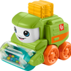 Toy construction vehicle with a smiling face, green body, orange wheels, and yellow cargo box 
