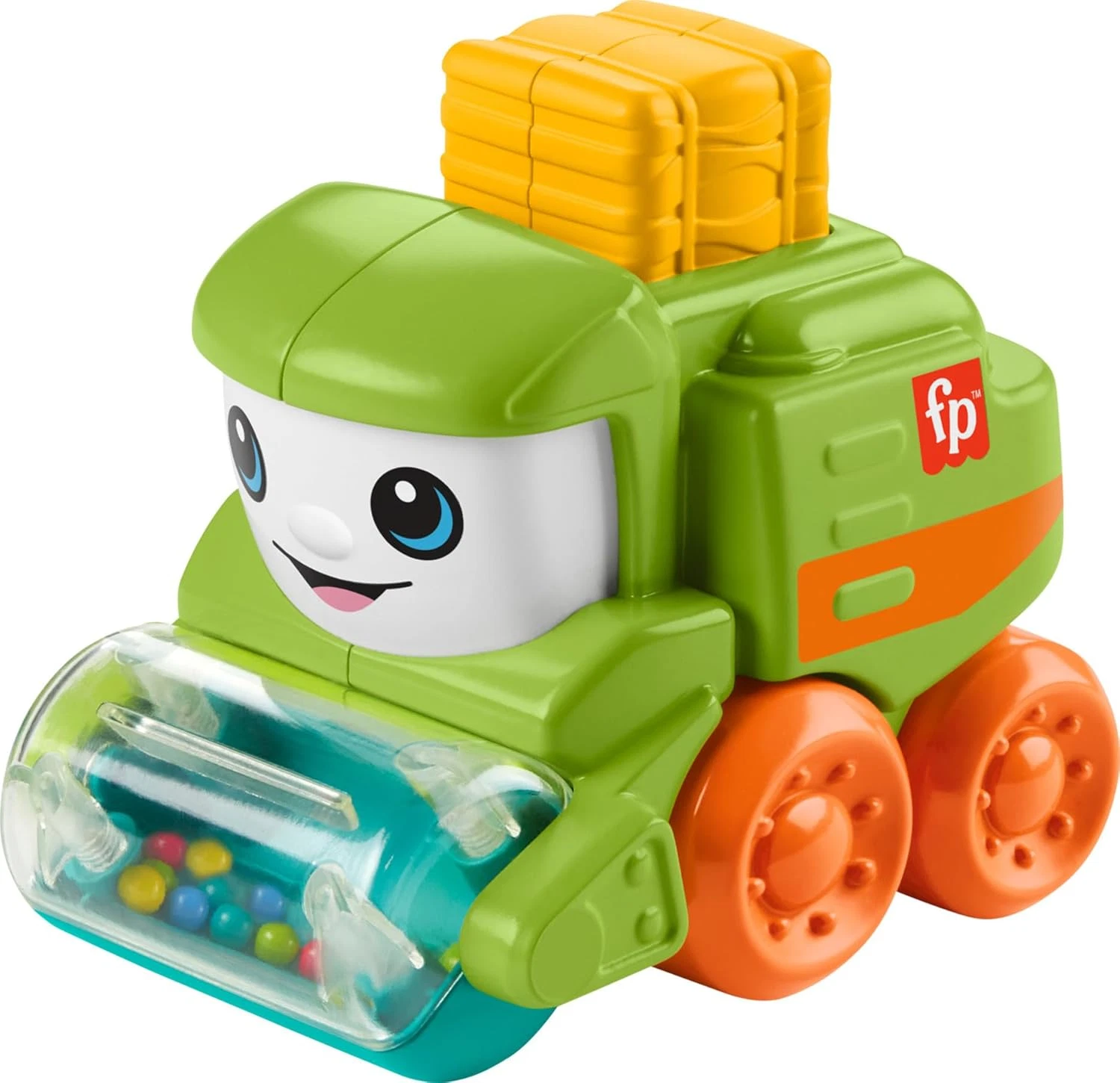 Toy construction vehicle with a smiling face, green body, orange wheels, and yellow cargo box 
