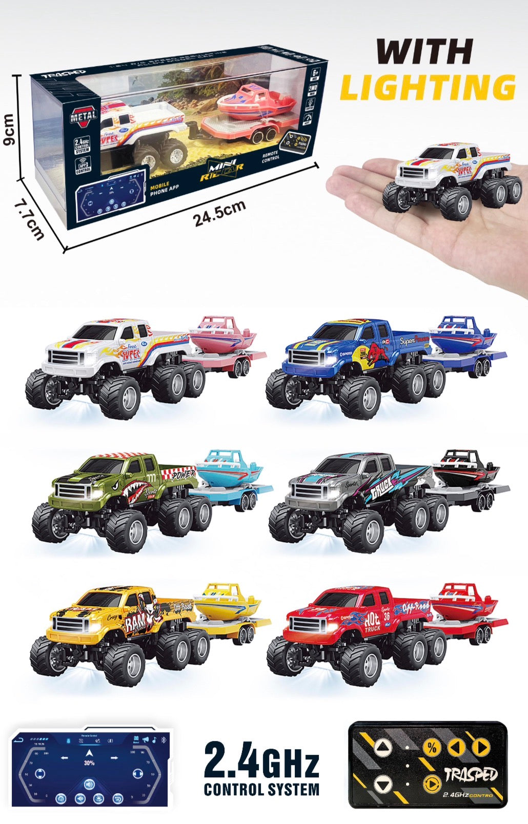 NSRHG4-408 1:64 Scale Mini Remote Control Metal Monster Truck with Trailer | 2.4GHz & App Dual Control, Alloy Mini RC Car with LED Lights, Portable Pocket Toy Car  (Color Request Can be Made in Checkout Notes)