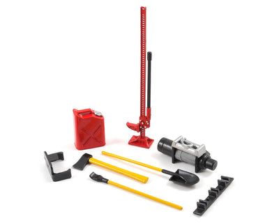 YA-0356RD Yeah Racing 6-Piece Scale Tool Set (Red) w/Axe, Shovel, Oil Tank, Jack, Winch