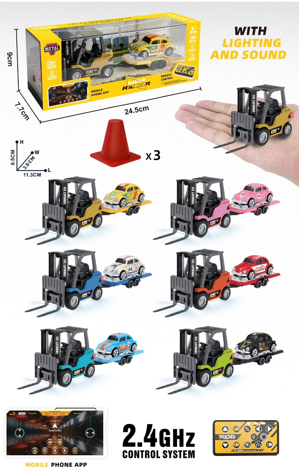 NSRHG4-423 1/64 Mini RC Metal Forklift Truck Toy  Rechargeable with trailer and pull back car, Remote Control,Phone App Control & Programming, Lights & Enginnering Sounds, 2 in 1 Transform Lift Fork & Hook (Color Request Can be Made in Checkou