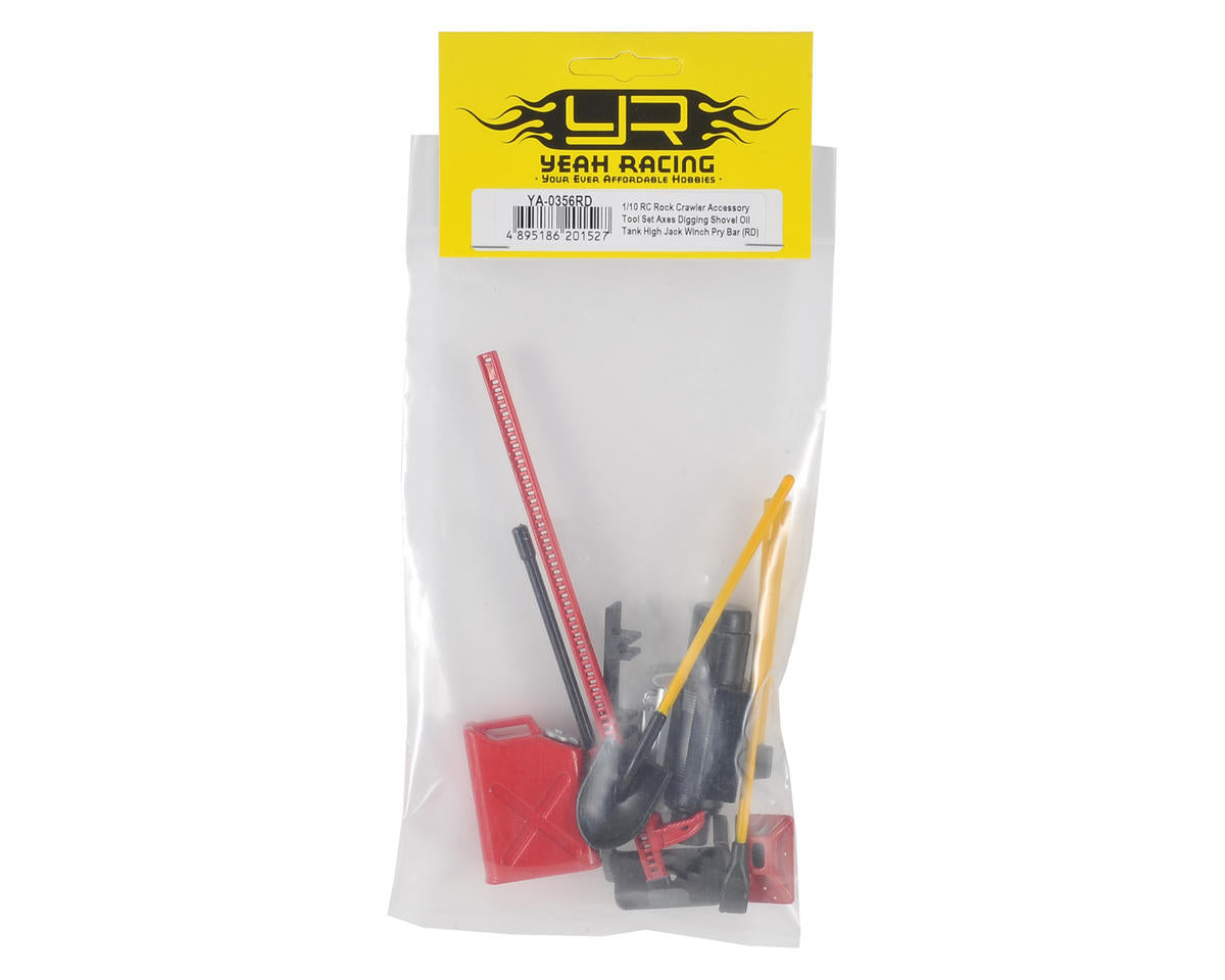 YA-0356RD Yeah Racing 6-Piece Scale Tool Set (Red) w/Axe, Shovel, Oil Tank, Jack, Winch