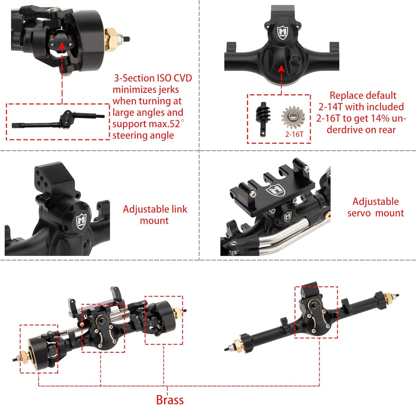 MEUS RACING 5mm Isokinetic V2 SCX24 Axles with 3-Section CVD for Axial 1/24 SCX24 RC Crawler (Black)