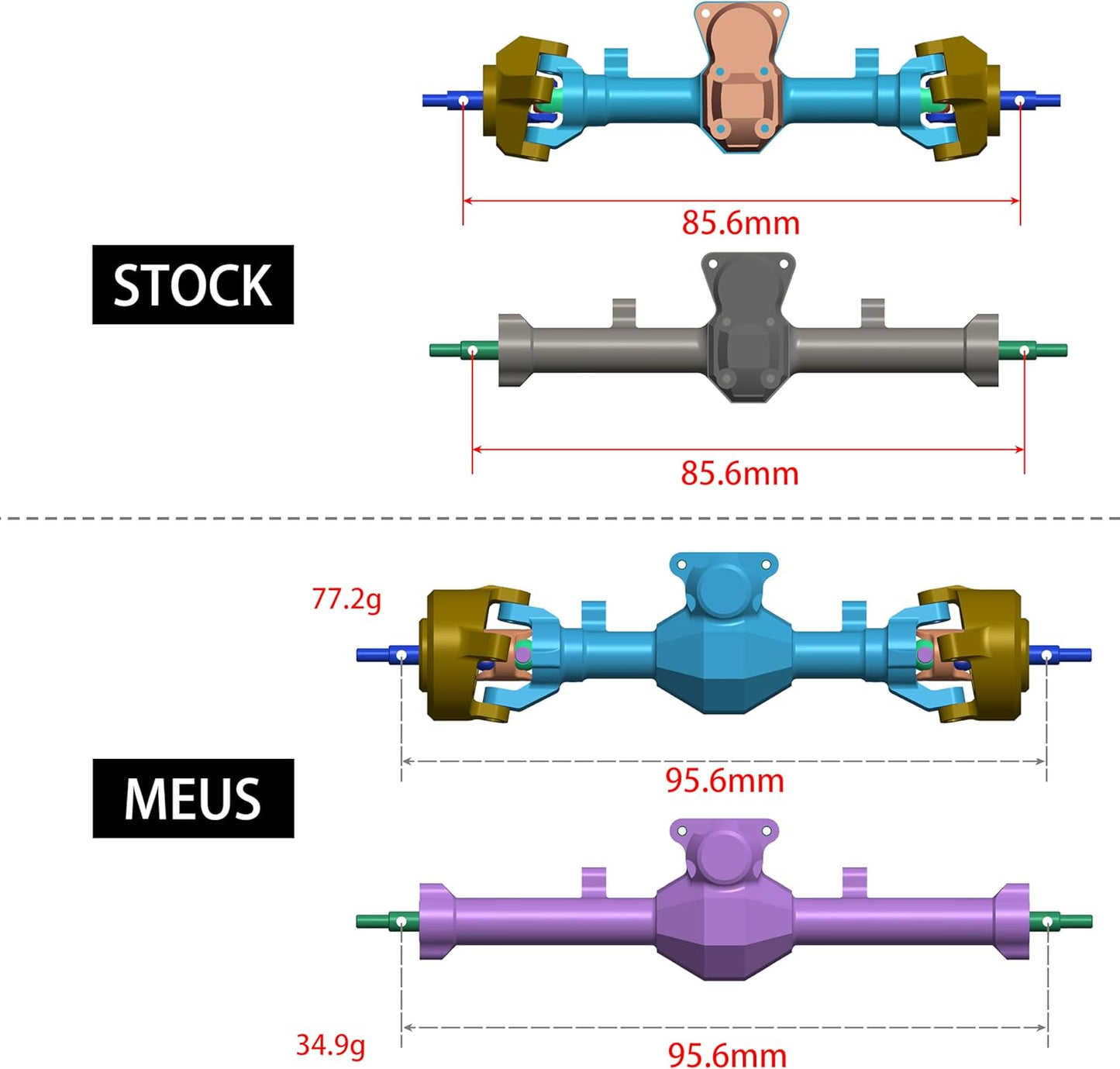 MEUS Racing Isokinetic 3-Section CVD Front and Rear Axles Maximum Steering Angle 52° Wider +5MM for Axial SCX24 (Electroplated Gold)
