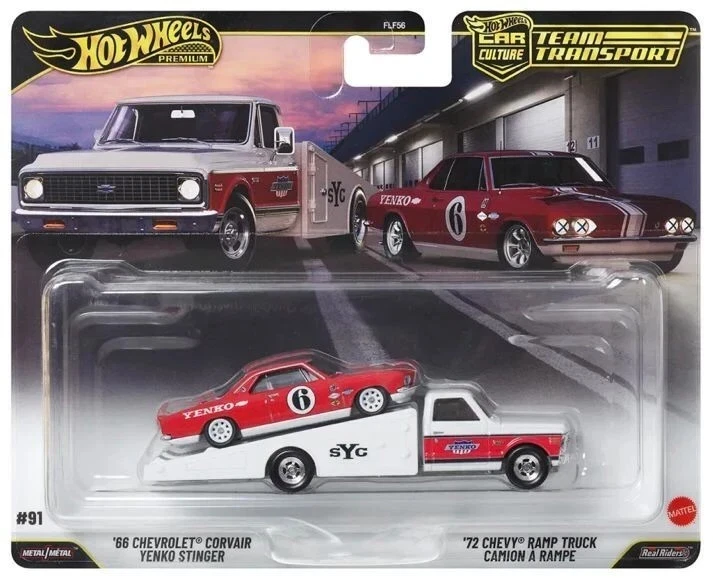HWFLF56 Hot Wheels Premium Car Culture Team Transport '66 Chevrolet Corvair Yenko Stinger '72 Chevy Ramp Truck