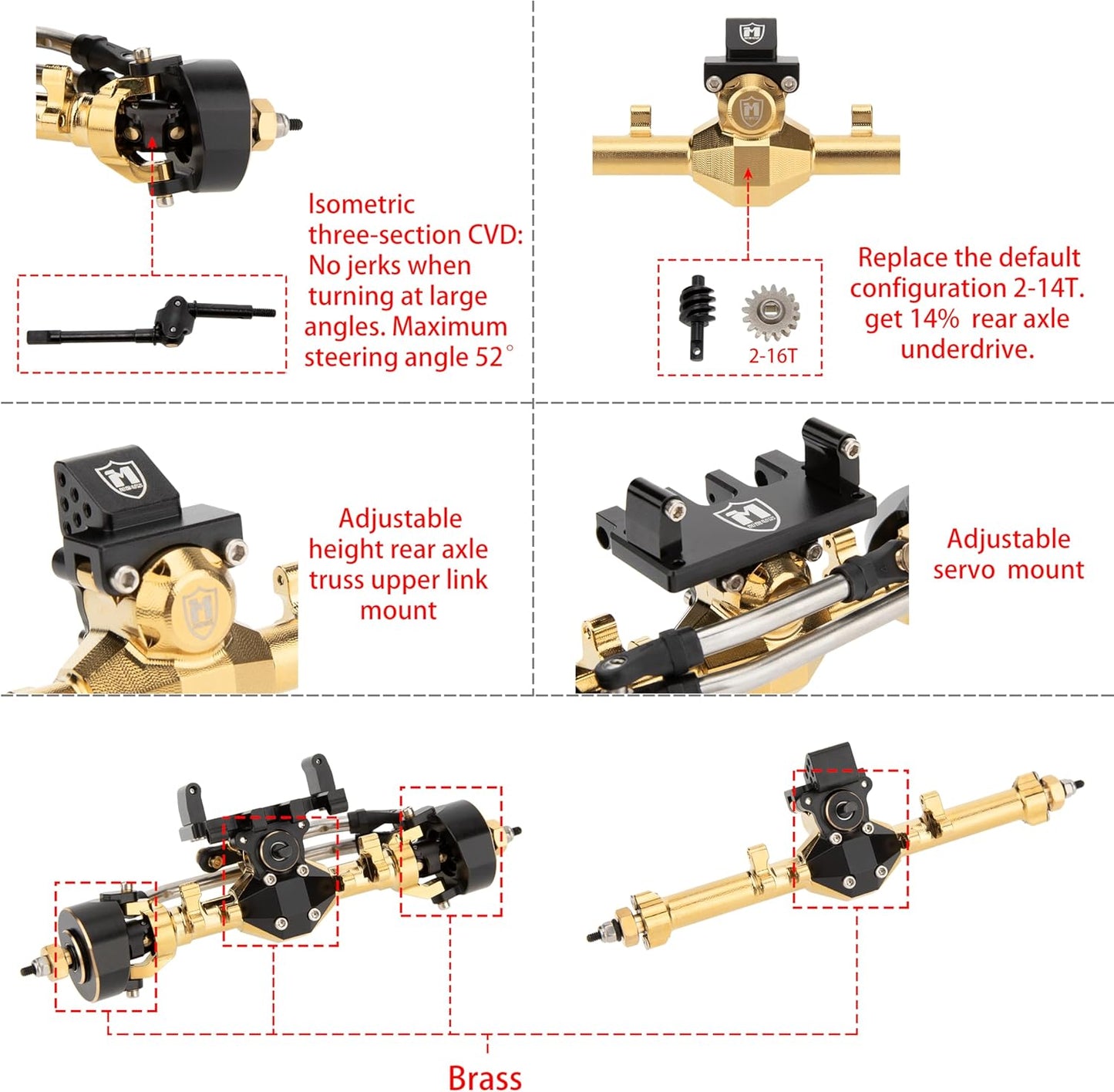 MEUS Racing Isokinetic 3-Section CVD Front and Rear Axles Maximum Steering Angle 52° Wider +5MM for Axial SCX24 (Electroplated Gold)