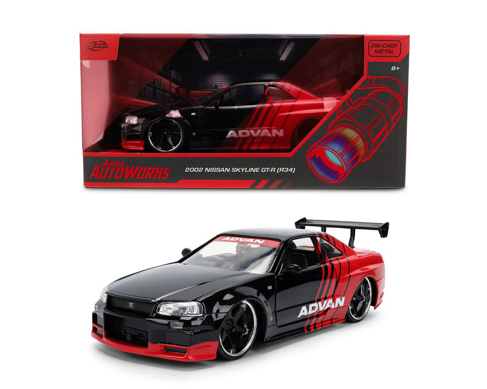 Jada 38346 1:24 2002 Nissan Skyline GT-R (R34) ADVAN – Black Red – Autoworks