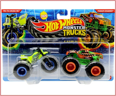 HWJDV70 Hot Wheels 1:64 Monster Trucks Tri-To-Crush-Me and Podium Crasher