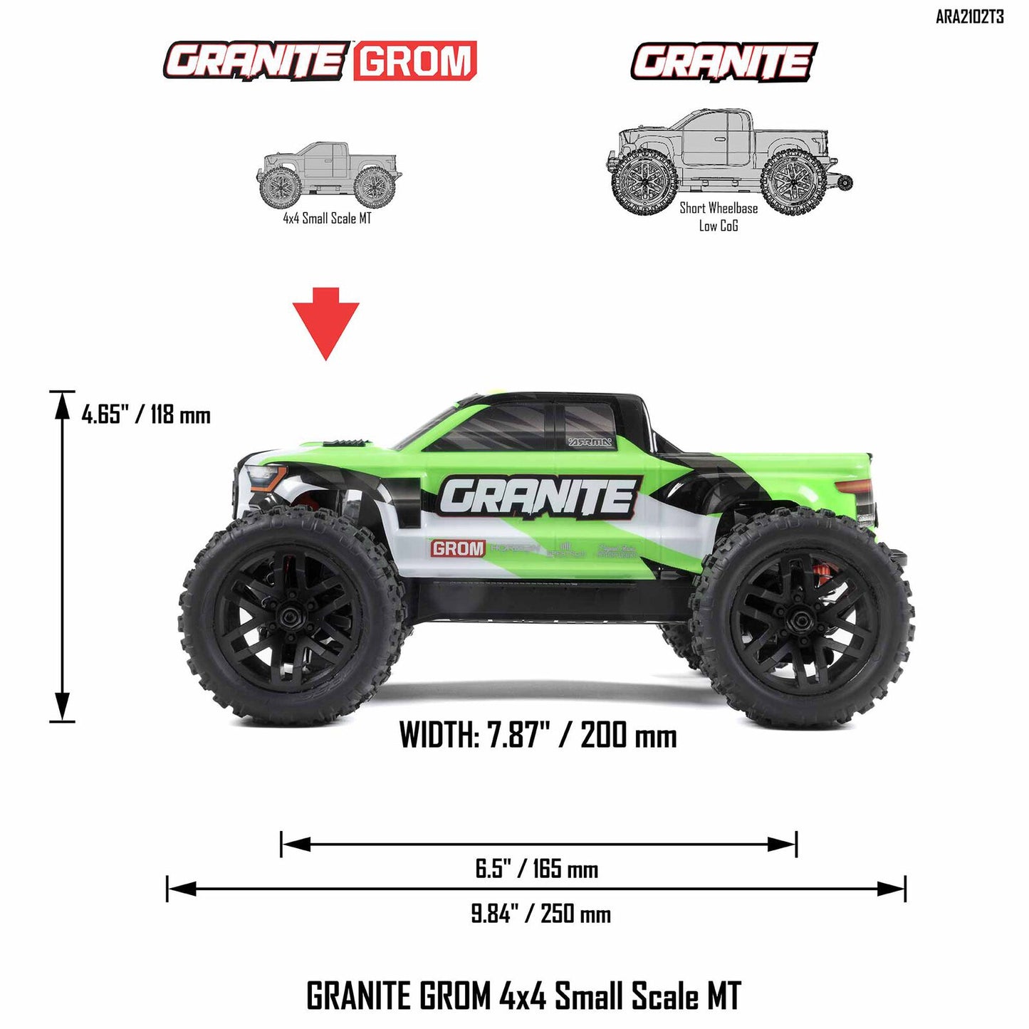 ARA2102 1/18 GRANITE GROM 4X4 RTR Brushed Monster Truck (Battery & Charger Included) Green
