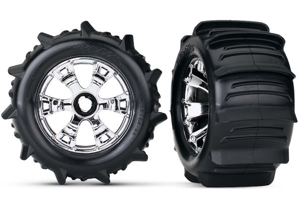 5672 Tires & wheels, assembled, glued (Geode chrome wheels, paddle tires, foam inserts) (2) (use with 17mm splined wheel hubs & nuts, part #5353X) (TSM® rated)
