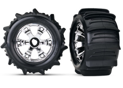 5672 Tires & wheels, assembled, glued (Geode chrome wheels, paddle tires, foam inserts) (2) (use with 17mm splined wheel hubs & nuts, part #5353X) (TSM® rated)
