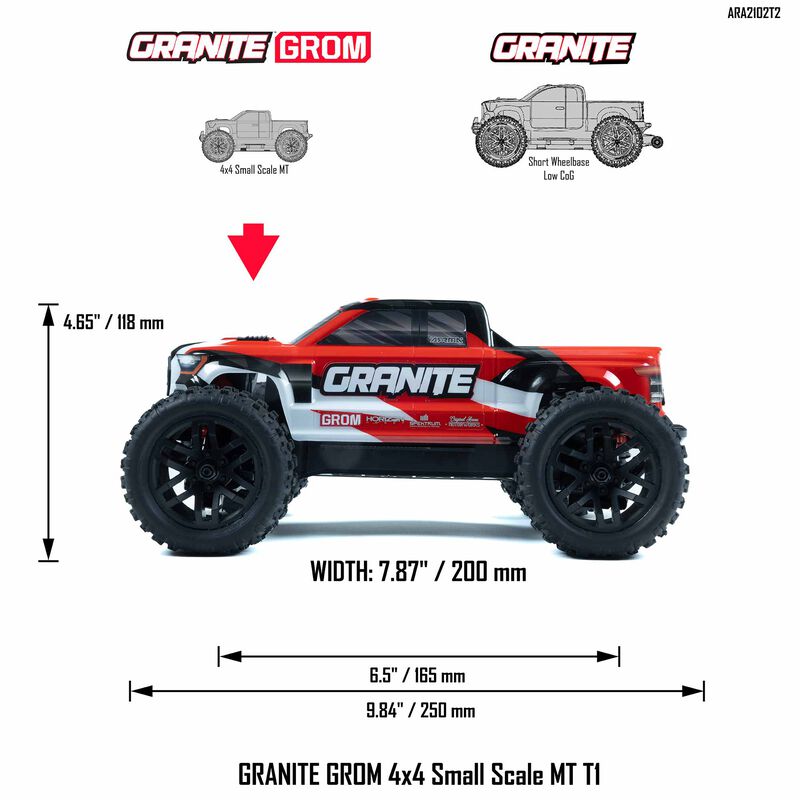 ARA2102 1/18 GRANITE GROM 4X4 RTR Brushed Monster Truck (Battery & Charger Included) Red