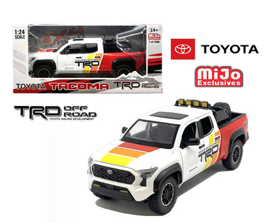 MiJo Exclusives MJH08778-MJS01 1:24 2024 Toyota Tacoma TRD Off-Road Custom – White with Yellow/Orange/Red – Limited Edition