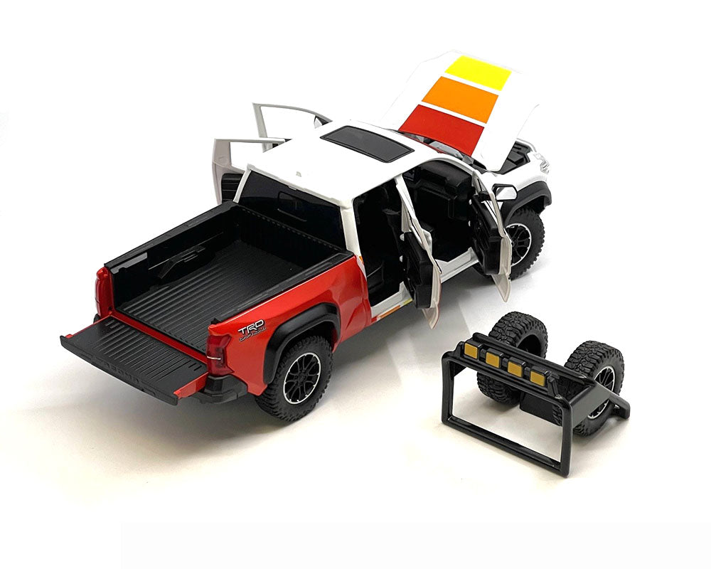 MiJo Exclusives MJH08778-MJS01 1:24 2024 Toyota Tacoma TRD Off-Road Custom – White with Yellow/Orange/Red – Limited Edition