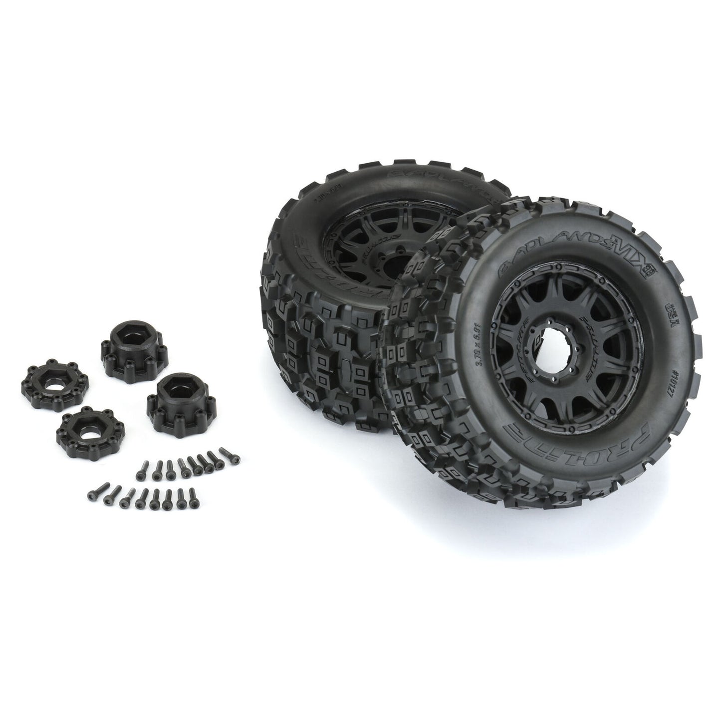 PRO1012710 1/8 Badlands F/R 3.8" MT Tires Mounted 17mm Black Raid (2)