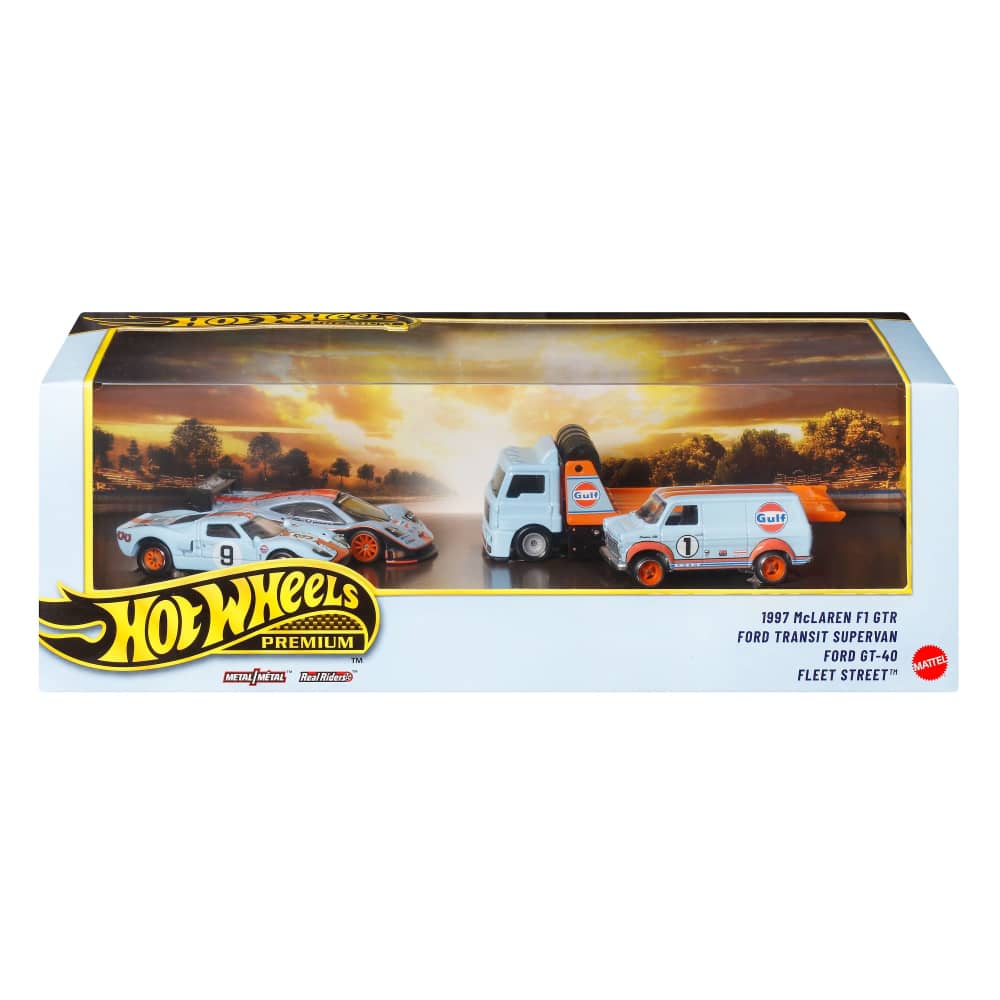 JHW43 HotWheels Premium Collector Display Set 1997 McLaren F1 GTR, Ford Transit SuperVan Ford GT-40, Fleet Street