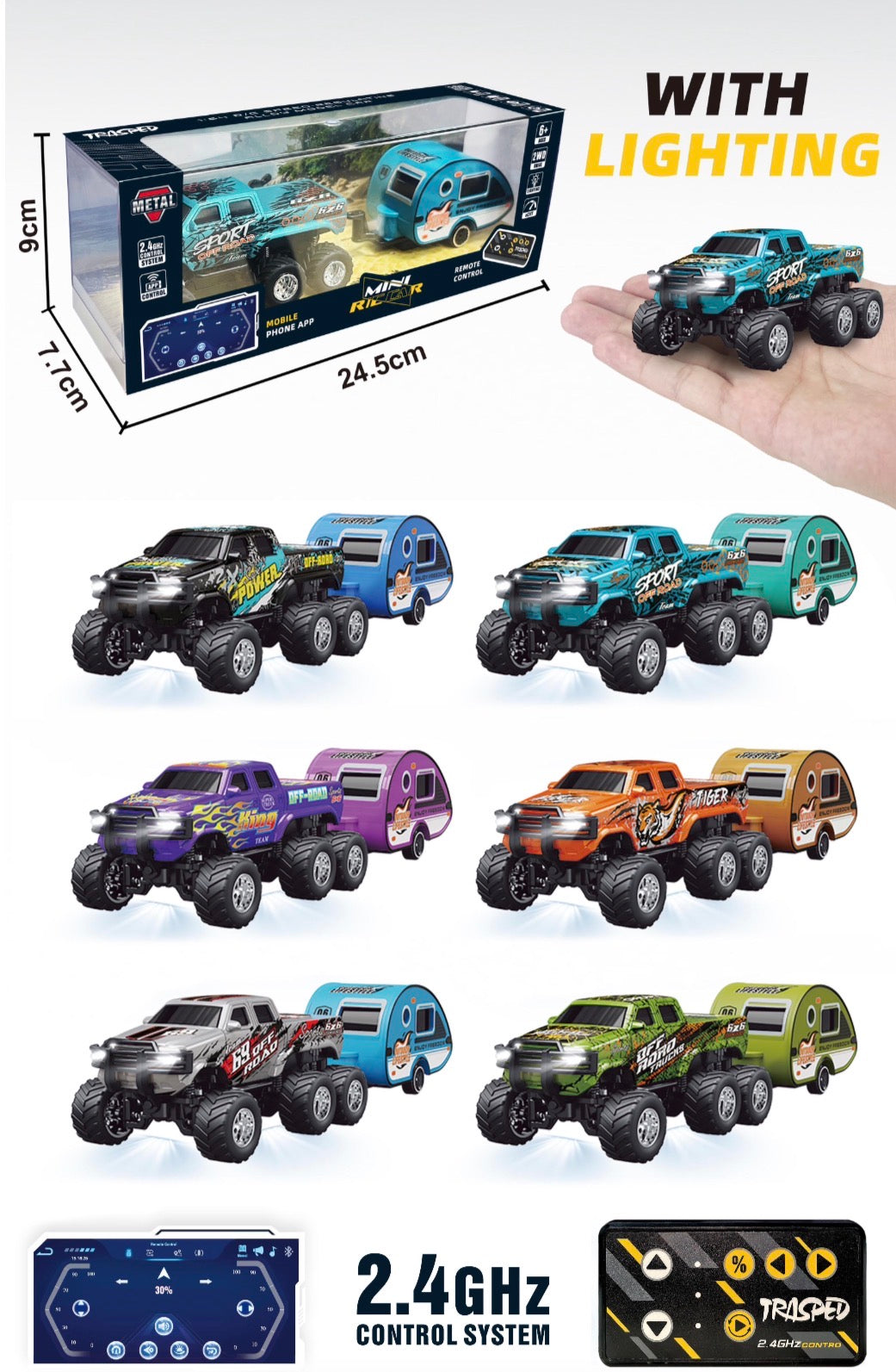 NSRHG4-407 1:64 Scale Mini Remote Control Metal Monster Truck with Trailer | 2.4GHz & App Dual Control, Alloy Mini RC Car with LED Lights, Portable Pocket Toy Car  (Color Request Can be Made in Checkout Notes)