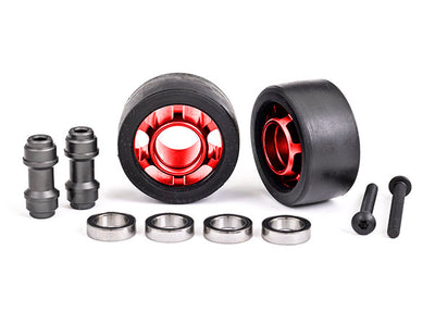 7775R Wheels, wheelie bar, 6061-T6 aluminum (red-anodized) (2)/ axle, wheelie bar, 6061-T6 aluminum (2)/ 10x15x4 ball bearings (4)