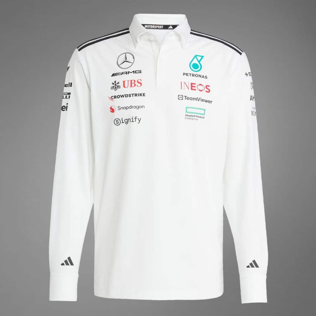 JX0757 Mercedes AMG Petronas Formula 1 2025 Men's Team Long Sleeve Polo Shirt - White -