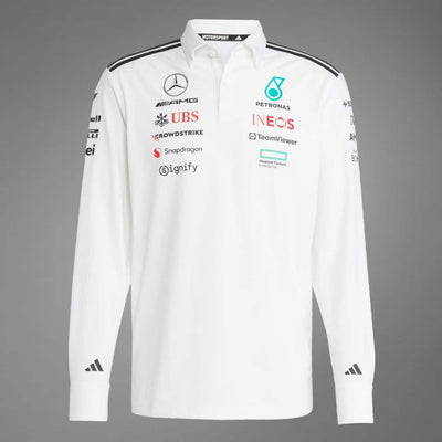 JX0757 Mercedes AMG Petronas Formula 1 2025 Men's Team Long Sleeve Polo Shirt - White -