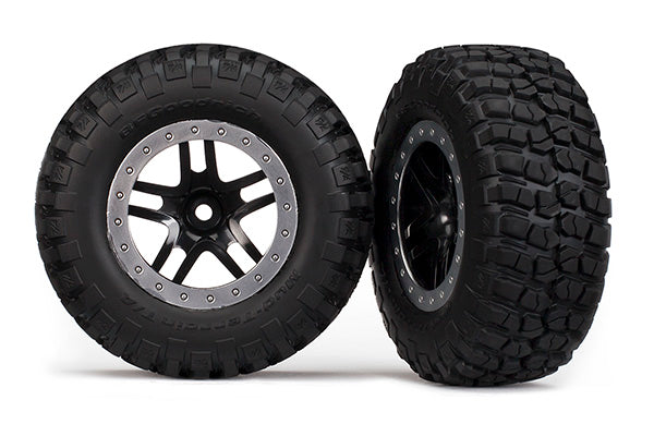 5885 Tire & wheel assy, glued (SCT Split-Spoke, black, satin chrome beadlock wheels, BFGoodrich® Mud-Terrain™ T/A® KM2 tires, inserts) (2) (2WD Front)