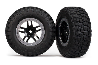 5885 Tire & wheel assy, glued (SCT Split-Spoke, black, satin chrome beadlock wheels, BFGoodrich® Mud-Terrain™ T/A® KM2 tires, inserts) (2) (2WD Front)