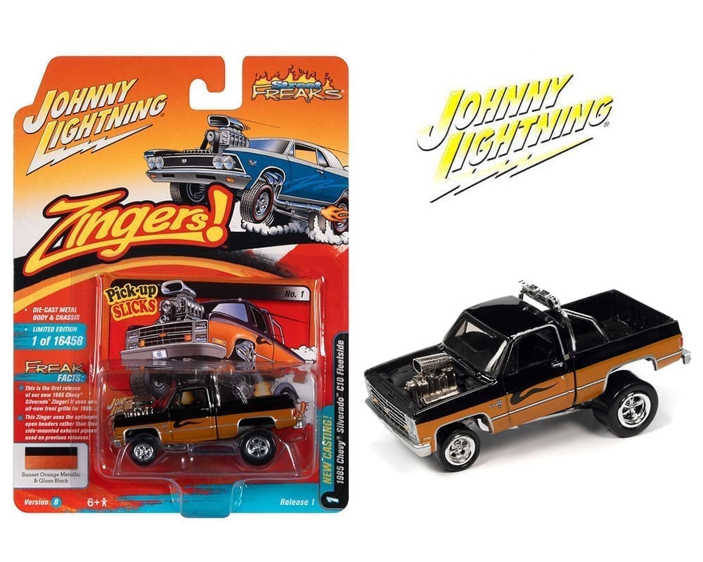 Johnny Lightning JLSP228-24B 1:64 1985 Chevrolet Silverado C10 Fleetside (Sunset Orange Metallic & Gloss Black) – Zingers! – Street Freaks 2022 Release 1 Version B